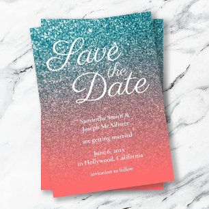 Convites Coral e Teal Ombre Glitter Salvar a Data