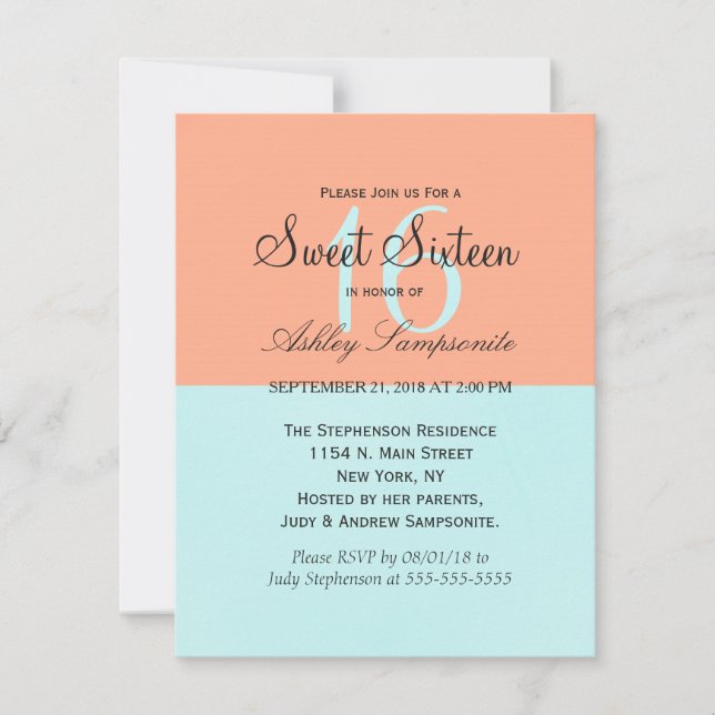 Convites Coral Elegante e Cor Verde-Mint (Frente)