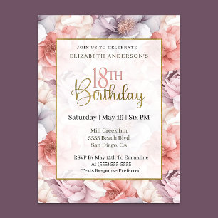 Convites Coral Elegante e Peônia Lavanda Aniversário de 18