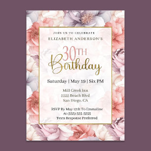 Convites Coral Elegante e Peônia Lavanda Aniversário de 30