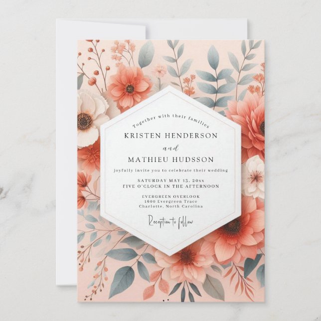 Convites Coral Ethereal Bloom Wedding (Frente)
