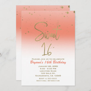 Convites Coral & festa de aniversário Glam moderna Dourado