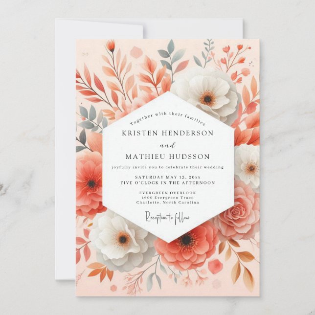 Convites Coral Floral Bloom Romantic Wedding (Frente)