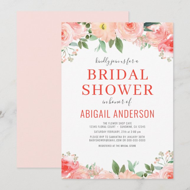 Convites Coral Floral Chá de panela Peach Watercolor (Frente/Verso)