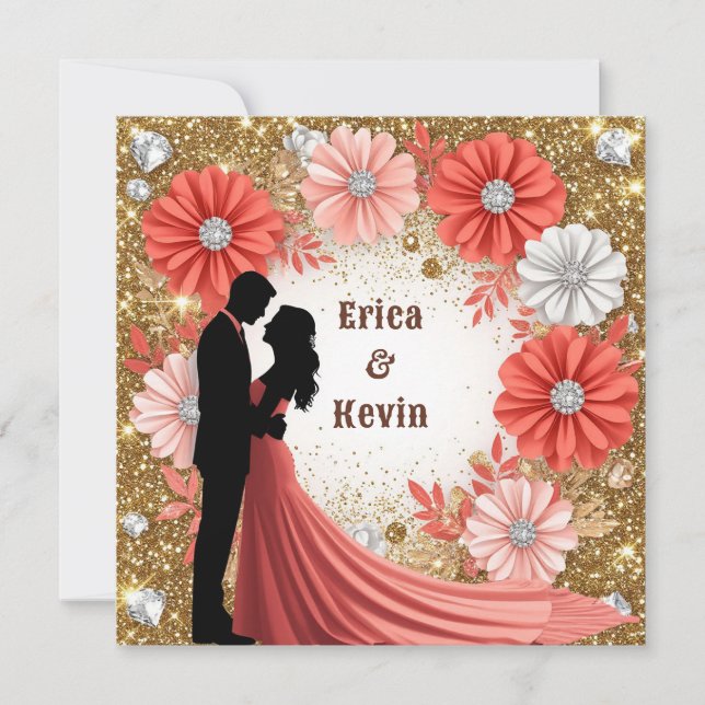 Convites 💍 Coral Floral Dourada Aliança de Noivado 💍 (Frente)