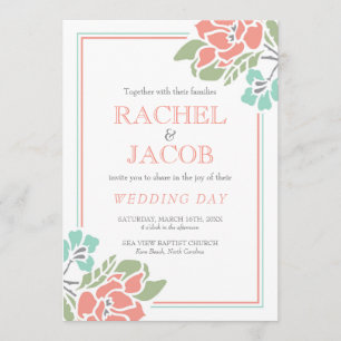 Convites Coral Floral Moderno e Casamento Teal