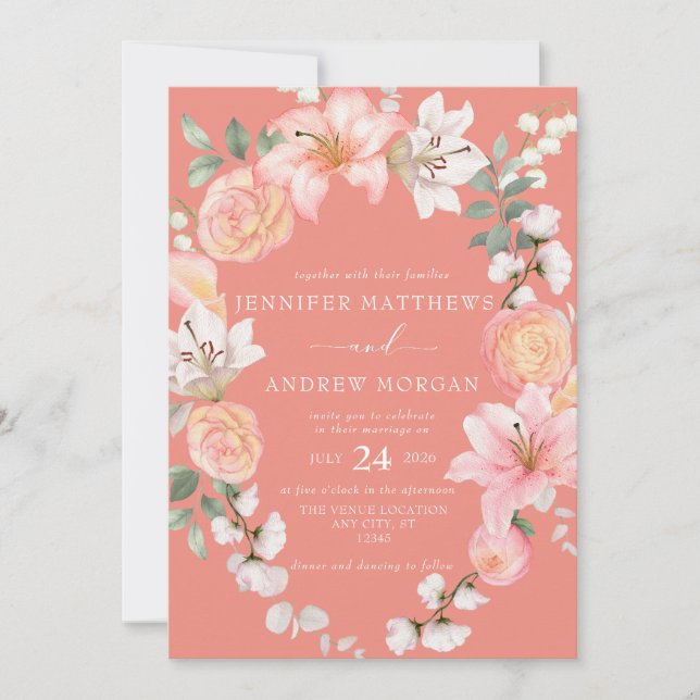 Convites Coral Floral | Noiva de Grinalda Elegante (Frente)