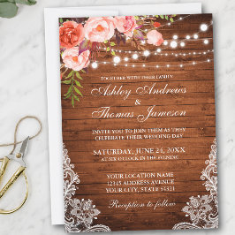 Convites Coral Floral Rustic Wood Lights