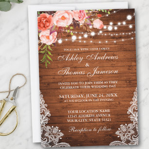 Convites Coral Floral Rustic Wood Lights