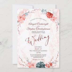 Convites Coral Floral Succulent Marble Wedding