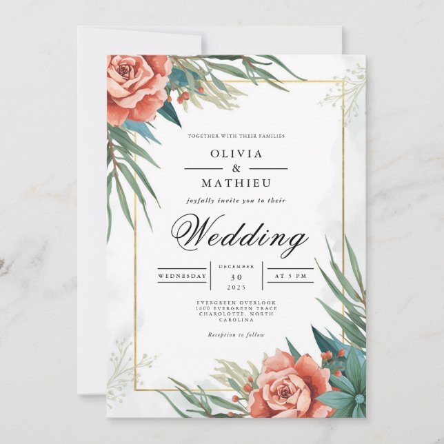 Convites Coral Floral Wedding (Frente)