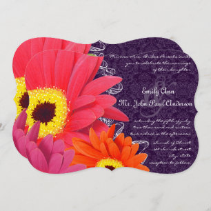 Convites Coral Fuchsia EggPlant Gerber Daisy Wedding