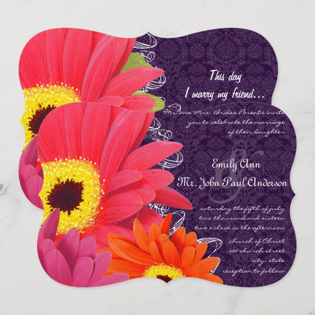 Convites Coral Fuchsia EggPlant Gerber Daisy Wedding (Frente/Verso)