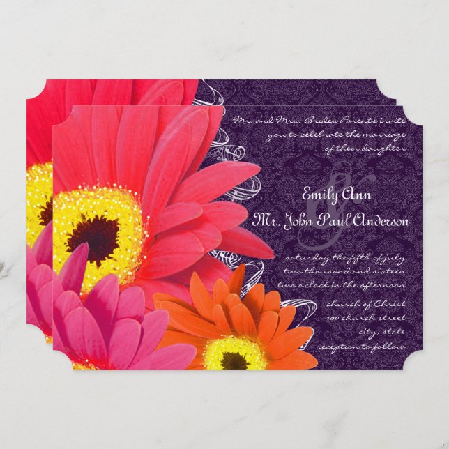 Convites Coral Fuchsia EggPlant Gerber Daisy Wedding (Frente/Verso)