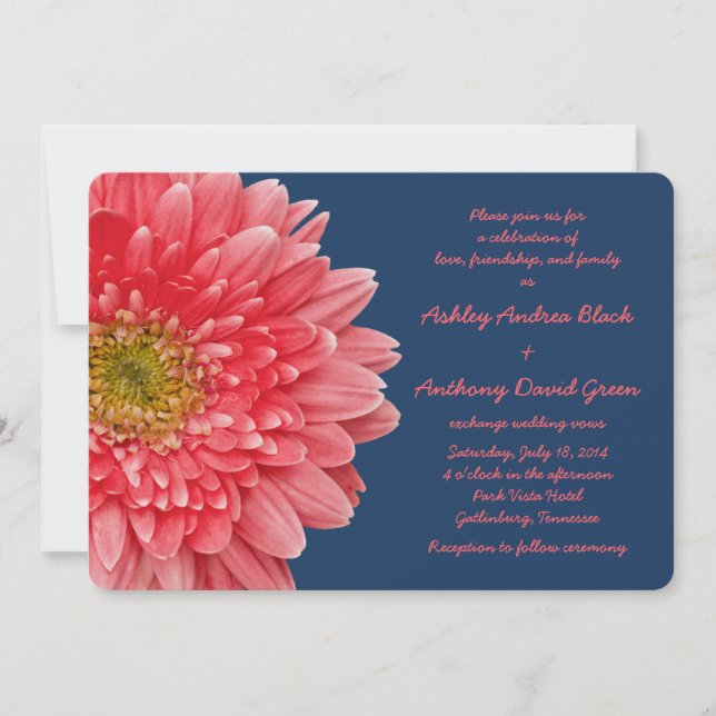 Convites Coral Gerbera Daisy Marinho Blue Weding Invitation (Frente)