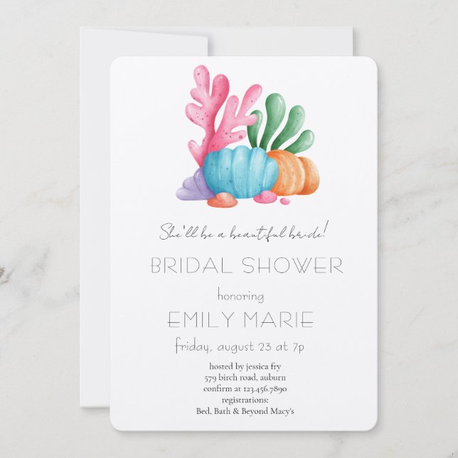Convites Coral Kisses & Ocean Wishes Bridal Shower (Frente)