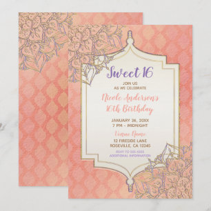 Convites Coral Lavanda Dourada do Marrocos Glam Sweet 16