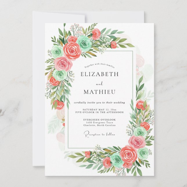 Convites Coral Mint Romantic Floral Wedding (Frente)