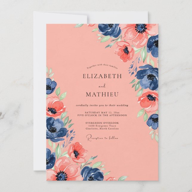 Convites Coral Navy Blue Enchanting Summer Wedding (Frente)