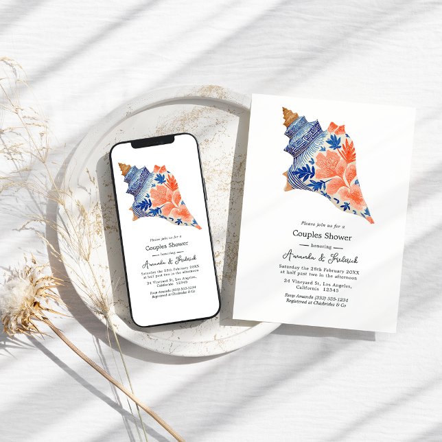 Convites Coral & Navy Seashell Coastal Beach Couples Shower (Coral & Navy Seashell Coastal Beach Couples Shower Invitation)