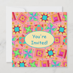 Convites Coral Orange Yellow Patchwork Quilt Block Art