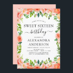Convites Coral Peach Floral Sweet Dezesseis 16 Aniversário<br><div class="desc">Coral,  Peach e branco Floral e Eucalyptus Greenery Primavera botânico ou Summer Pastel Sweet XVI (16.º) Convites de Celebração de Festas de aniversário - inclui uma bela e elegante tipografia de escrita com flores botânicas modernas e verde para a celebração especial de Aniversário.</div>