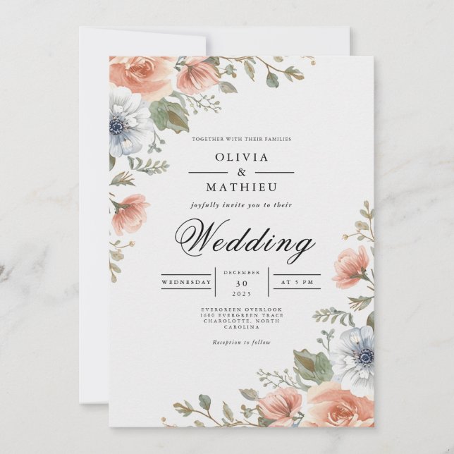 Convites Coral Peach Floral Whimsy Wedding (Frente)