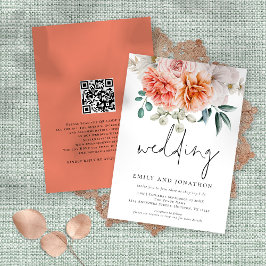 Convites Coral Peach Peonies Florals Script Wedding