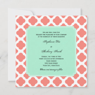 Convites Coral Pink Quatrefoil e Casamento Verde-Casa-de-Mi