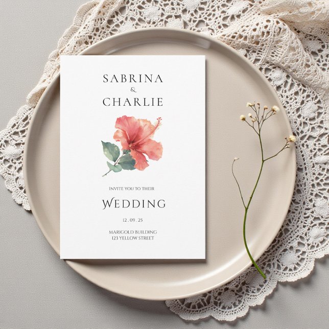 Convites Coral Red Hibiscus Floral Tropical Wedding (Coral Red Hibiscus Floral Tropical Wedding Invitation)
