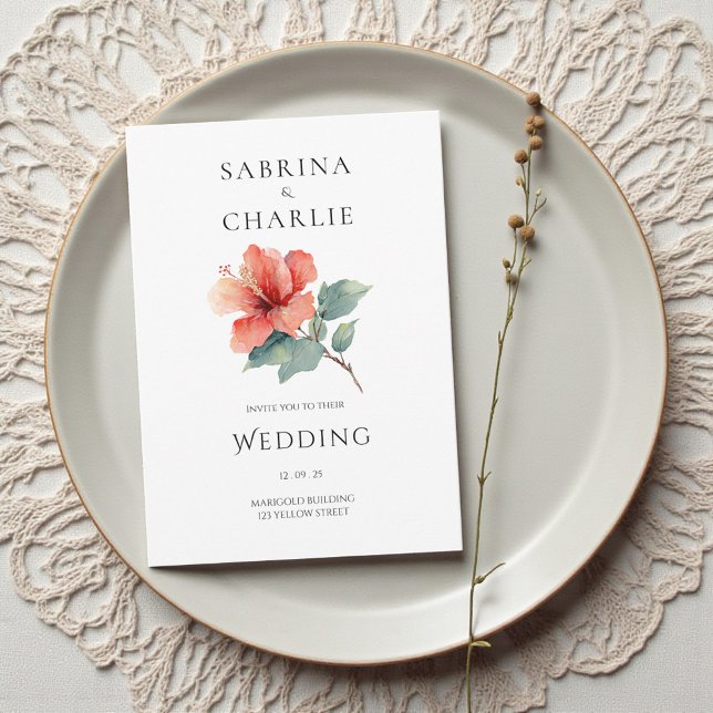 Convites Coral Red Hibiscus Floral Tropical Wedding (Coral Red Hibiscus Floral Tropical Wedding Invitation)