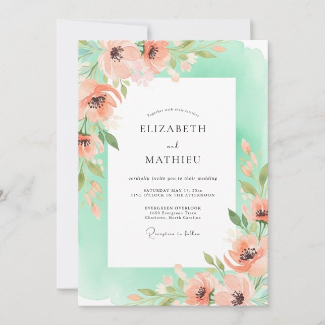 Convites Coral Romantic Floral Wedding (Frente)
