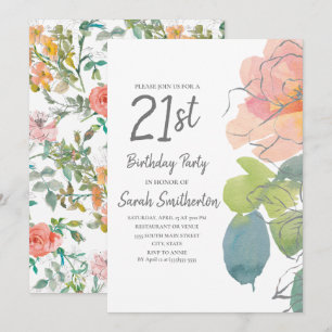 Convites Coral Rosa Boho Aquarela Floral 21º Aniversário