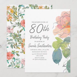Convites Coral Rosa Boho Aquarela Floral 80º Aniversário