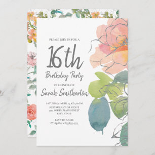 Convites Coral Rosa Boho Watercolor Floral Sweet 16