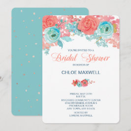 Convites Coral Rosa e Aqua Floral Chá de panela Convidado