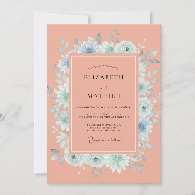 Convites Coral Soft Botanical Summer Wedding (Frente)