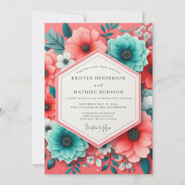 Convites Coral Teal Bloom Romance Wedding (Frente)