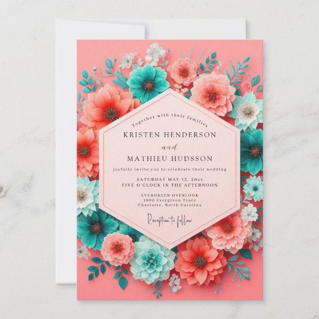 Convites Coral Teal Bloom Whimsy Wedding (Frente)