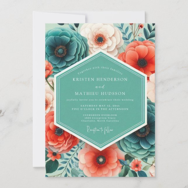 Convites Coral Teal Bold Floral Wedding (Frente)