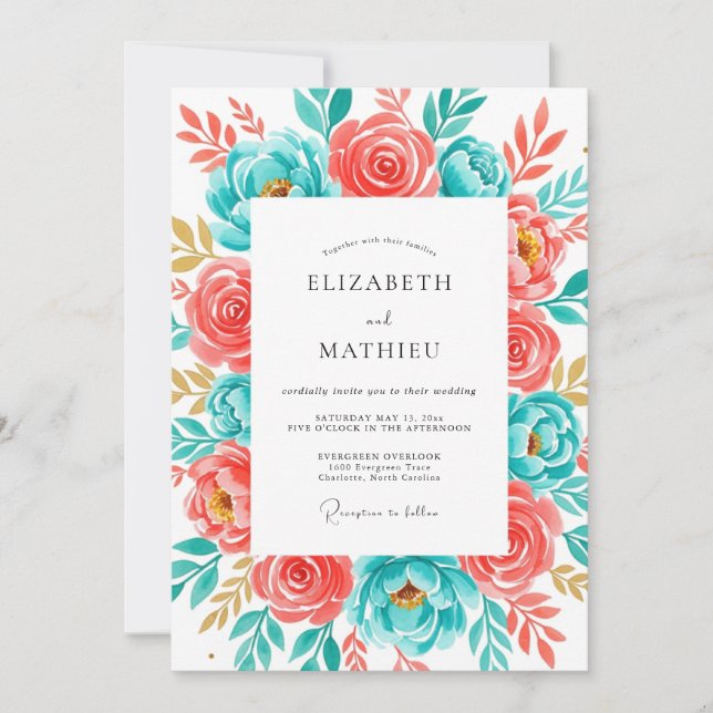 Convites Coral Teal Botanical Bliss Wedding (Frente)