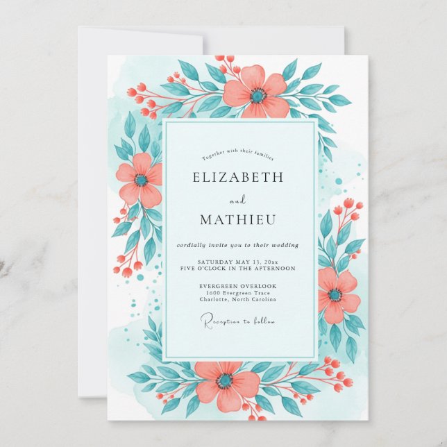 Convites Coral Teal Bright Summer Wedding (Frente)