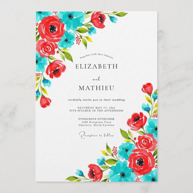 Convites Coral & Teal Floral Whimsy Wedding (Frente)