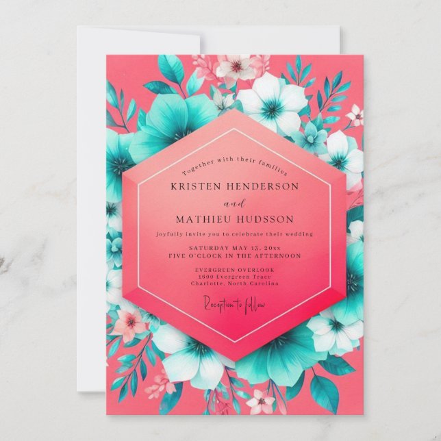 Convites Coral Teal Floral Whimsy Wedding (Frente)