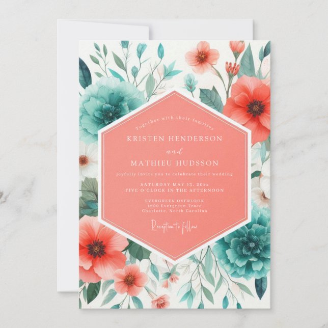 Convites Coral Teal Painterly Poppy Wedding (Frente)