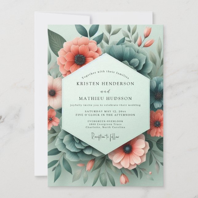 Convites Coral Teal Somber Flora Wedding (Frente)