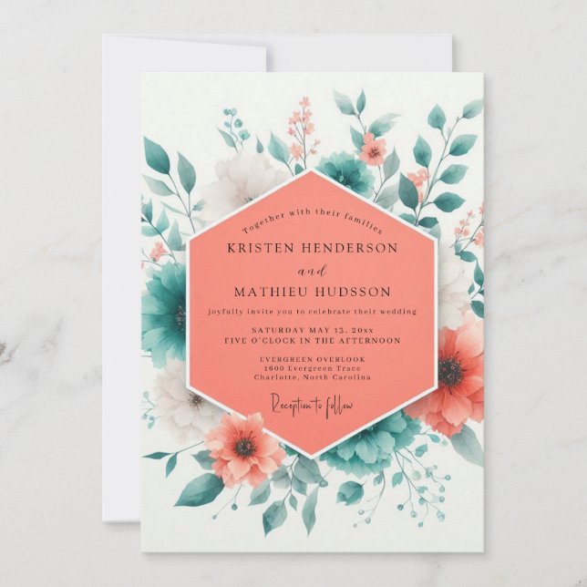 Convites Coral Teal Spring Bloom Wedding (Frente)