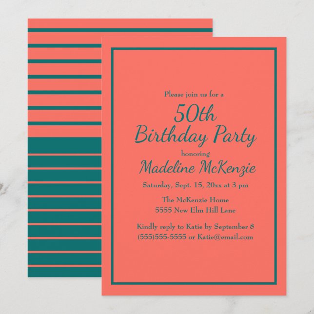 Convites Coral Teal Striped 50th Birthday Party Invite (Frente/Verso)