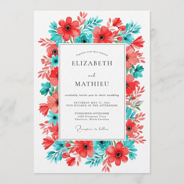 Convites Coral Turquoise Floral Bloom Wedding (Frente)