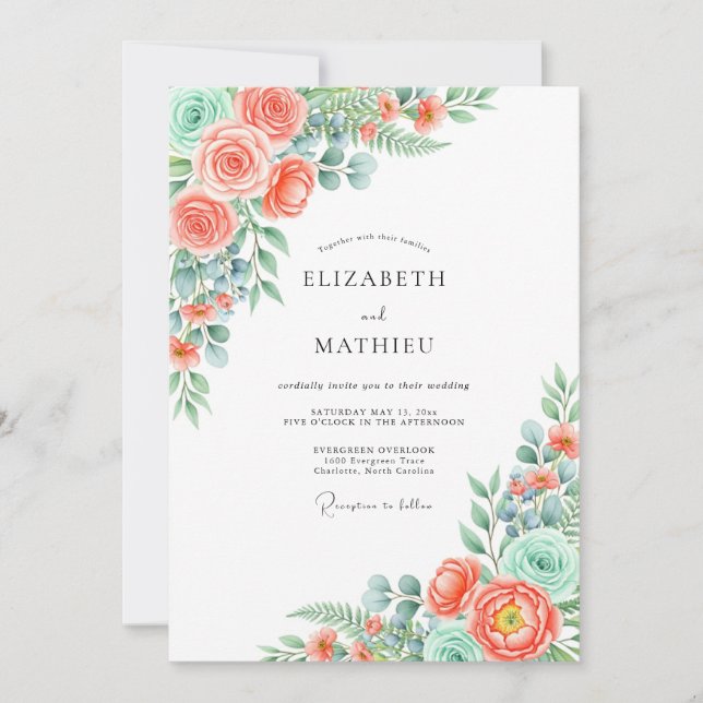 Convites Coral Verdant Blossom Wedding (Frente)